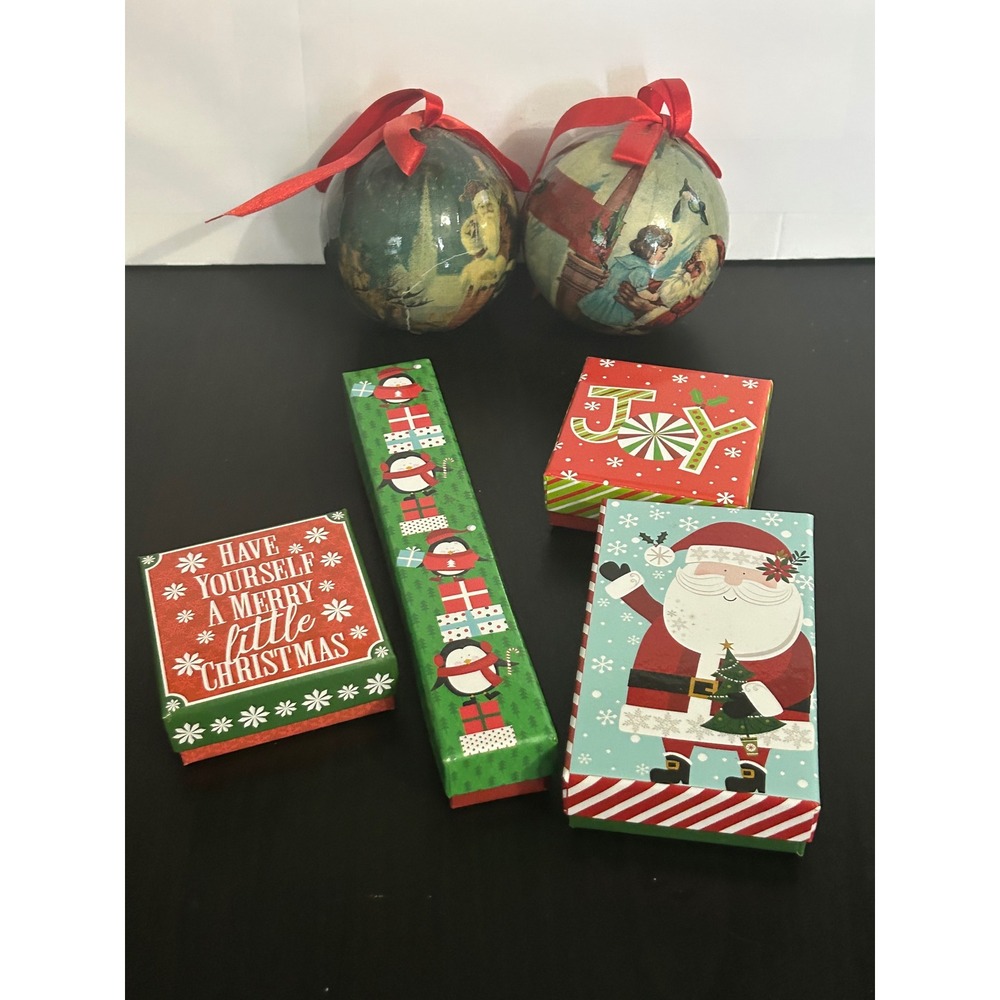 Bulk Lot Christmas Ornament Gift Box Set Santa Penguin Joy Vintage Style Decor